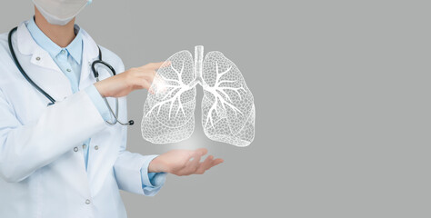 Unrecognizable doctor holding highlighted handrawn Lungs in hands. Medical illustration, template,...