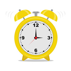 Yellow alarm clock. Ringing and vibration. Time to wake up. Flat vector illustration