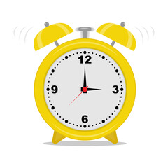 Yellow alarm clock. Ringing and vibration. Time to wake up. Flat vector illustration