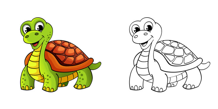 Cartoon turtle. Black and white illustration for coloring book