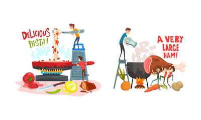 Tiny Man Character Cooking Pasta in Frying Pan and Boiling Ham Vector Set