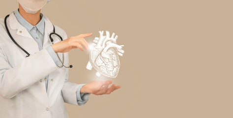 Unrecognizable doctor holding highlighted handrawn Heart in hands. Medical illustration, template,...