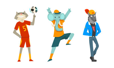 Animal Character Wearing Human Clothing Playing Football and Showing Sign of Horn Vector Set
