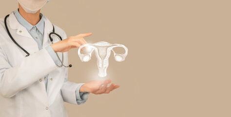 Unrecognizable doctor holding highlighted handrawn Uterus in hands. Medical illustration, template, science mockup.