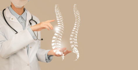 Unrecognizable doctor holding highlighted handrawn Spine in hands. Medical illustration, template, science mockup.