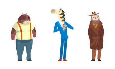 Animal Character Wearing Human Clothing in Standing Pose Vector Set