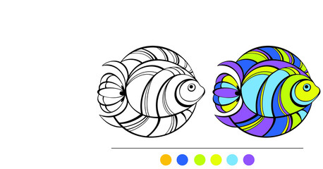 Tropical Fish coloring page. Underwater world. Abstract Anti-stress coloring for adult and children. Coloring by color. Black and white beautiful fish. Vector EPS 8