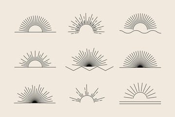 Vector Sun set of black linear boho icons and symbols, sun logo design templates, abstract design elements for decoration in modern minimalist style for social media posts, stories, isolated - obrazy, fototapety, plakaty