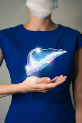 Unrecognizable woman in blue clothes holding highlighted handrawn Liver in hands. Medical...
