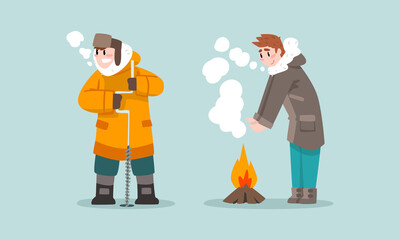 Man in Warm Winter Clothing Ice Fishing Drilling Hole in Frozen River or Lake and Burning Fire Vector Set