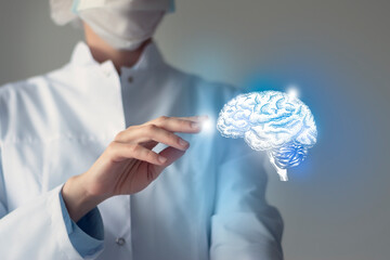 Unrecognizable doctor caring highlighted blue handrawn Brain. Medical illustration, template, science mockup.