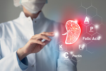 Essential nutrients for Spleen health including Pectin, Folic Acid, Vitamin P, Ferrum. Blurred portrait of doctor holding highlighted red sketchy drawing of Spleen.