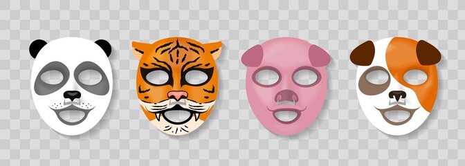 Cosmetic animal face mask. Skin caring cotton masks with funny animal faces design, panda and tiger, pig and dog. Realistic collagen girls beauty products, wildlife decor vector isolated set © YummyBuum