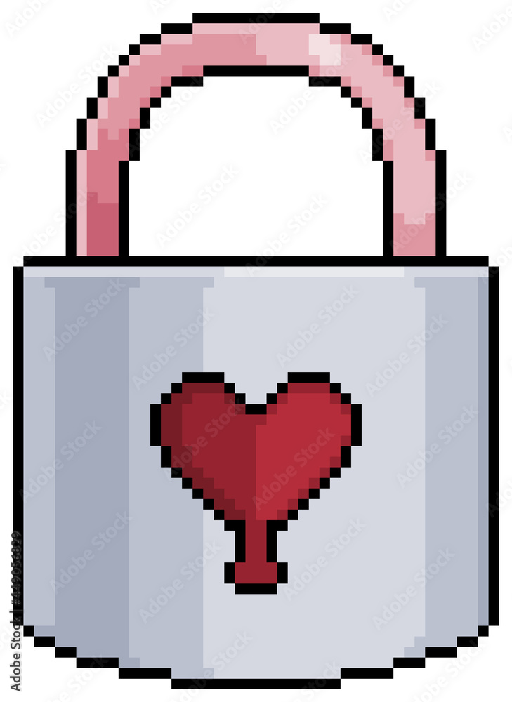 Poster pixel art heart lock item for 8bit game on white background.