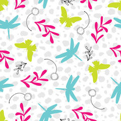 Spring Garden Butterflies and Dragonflies Vector Seamless Pattern