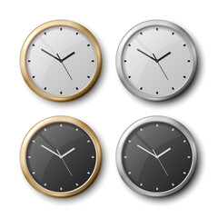 Vector 3d Realistic Metal Wall Office Clock Icon Set Isolated on White. White Dial, Black Dial. Design Template of Wall Clock Closeup. Mock-up for Branding and Advertise. Top, Front View