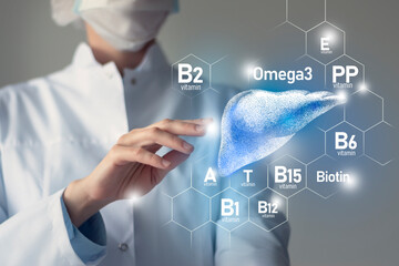 Set of main human organs with molecular grid, micronutrients and vitamins with doctor on blurry...