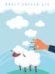 Sheep wool clouds. Sweet Dreams. Person holds scissor in hands and cuts domestic animals fur. Cozy accessories from natural materials for sleeping. Lamb grazing in meadow. Vector concept