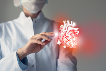 Unrecognizable doctor caring highlighted blue handrawn Heart. Medical illustration, template,...