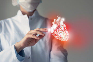Unrecognizable doctor caring highlighted blue handrawn Heart. Medical illustration, template,...