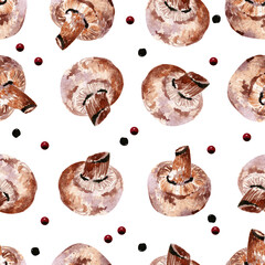 Seamless watercolor pattern with mushrooms and spices. Watercolor champignons. This pattern can be used for wallpaper or wrapping paper, web and textile. 