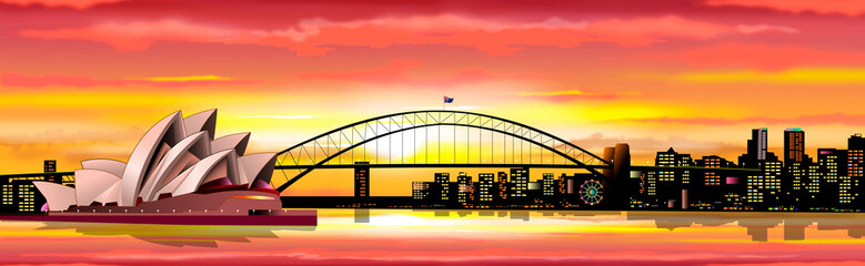 Obraz premium Sydney Australia cityscape. Australian city of Sydney. Opera building. Bridge over the bay. Sun, sky with clouds. Sunset