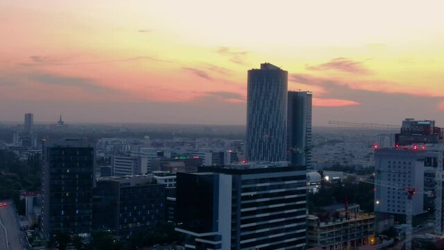 Panoramic aerial view of Bucharest business district at sunrise dusk