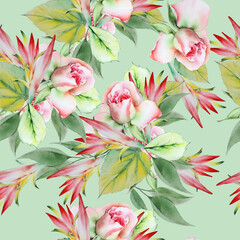 Bright seamless pattern with flowers. Rose. Watercolor illustration. Hand drawn. - 449057802