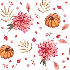 Watercolor petalous pattern with beautiful flowers, autumn pumpkins, berries and leaves on the white background. Seamless pattern.