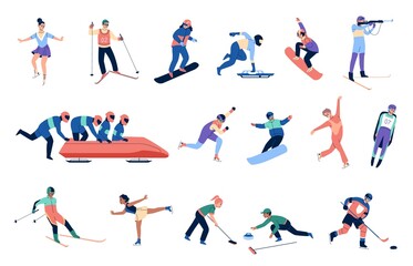 Fototapeta na wymiar Winter sports people. Professional athletes, women and men in specialized suits, sports equipment, skeleton, skiing, snowboard. Figure skating, bobsleigh and hockey, vector cartoon isolated set