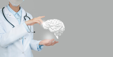 Unrecognizable doctor holding highlighted handrawn Brain in hands. Medical illustration, template,...