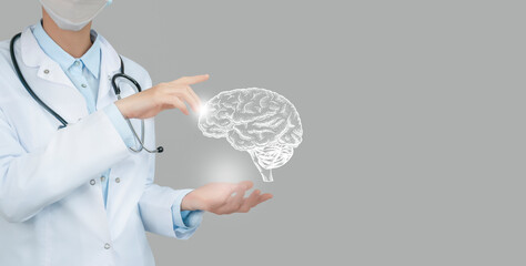 Unrecognizable doctor holding highlighted handrawn Brain in hands. Medical illustration, template,...