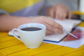 Working in a cafe with coffee