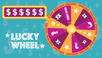 Lucky wheel flat illustration vector text is outlined - obrazy, fototapety, plakaty
