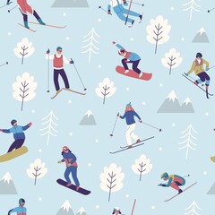 Fototapeta na wymiar Seamless pattern winter sports. Snowboarders and skiers people, snowy mountains and trees, professional athletes track background. Decor textile, wrapping paper wallpaper. Vector print or fabric