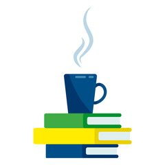 a cup of hot drink on a stack of books