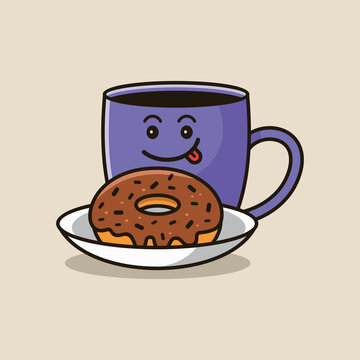 Cute coffee in mug with chocolate donut vector cartoon illustration
