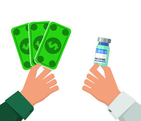 Money and vaccine ampoule in hand. Vector illustration flat design. Isolated on white background.