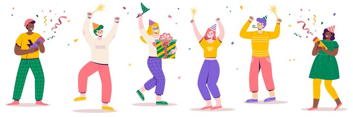 Birthday party people. Holiday attributes, gift and confetti, guys and girls celebrate anniversary, friends have fun. Men and women dancing, funny characters group. Vector cartoon set - obrazy, fototapety, plakaty