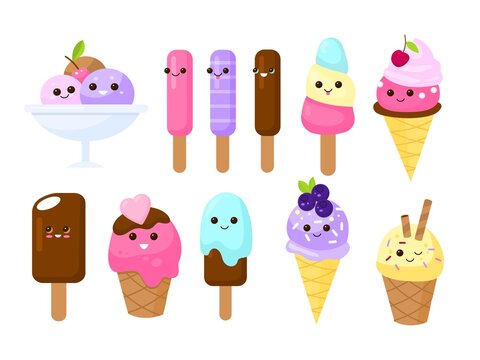 Cute faces ice cream. Kids cartoon characters, summer culinary products, funny childish gelato design, yummy smiling desserts. Emoji stickers collection. Vector cartoon flat isolated set