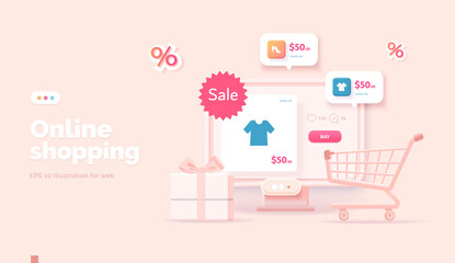 Online shopping on the website and mobile app. Conceptual illustration with online store interface, bank card, shopping bag, basket and actions with them. Web banner 3d style.