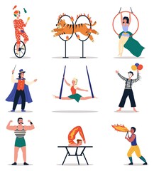 Circus artists. Funny cartoon characters, people in vintage stage costumes, retro magic show, clown unicycle juggler, magician and gymnasts. Trained tiger, mime and gymnast vector isolated set