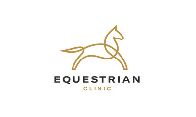 Obraz premium Continuous line horse logo. Black and gold vector illustration. Concept for logo. Editable stroke. Equine brand mark.