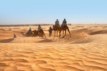 View of tourists who ride camels in the Sahara desert during strong winds