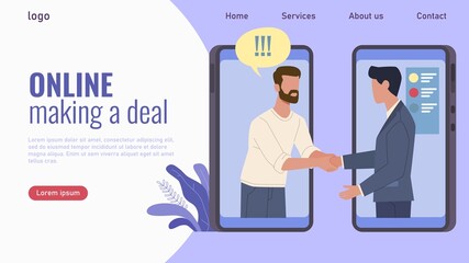 Online transaction landing page. Website interface template. Web UI design. Mobile application for making deals. Internet banking and partnership. People shake hands. Vector concept