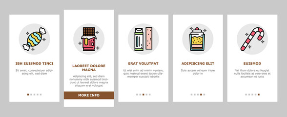 Candy Shop Product Onboarding Mobile App Page Screen Vector. Candy Shop Building And Vending Machine Equipment For Selling Chewing Gum And Cookie, Chocolate And Cake Illustrations