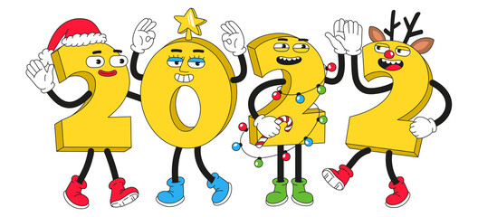 2022 New Year characters. Vector illustration with comic numbers. Poster, greeting card in trendy weird cartoon style.