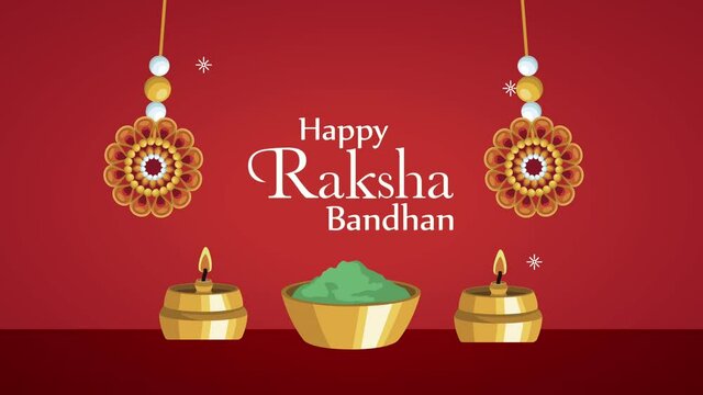 happy raksha bandhan lettering with wristbands hanging and candles