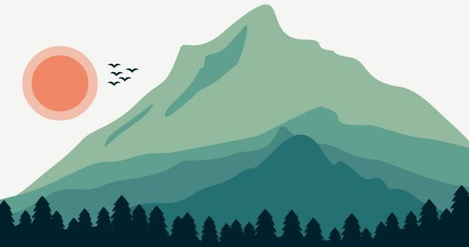 mountain sun bird panorama vector color background parallax animation