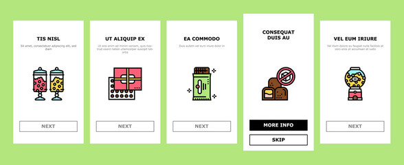Candy Shop Product Onboarding Mobile App Page Screen Vector. Candy Shop Building And Vending Machine Equipment For Selling Chewing Gum And Cookie, Chocolate And Cake Illustrations